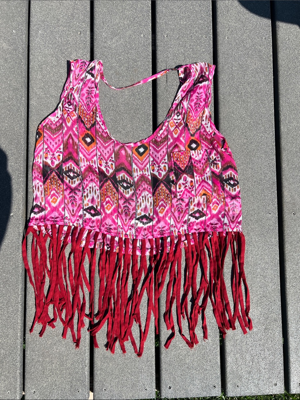 Pink Patterned Fringe Crop Top with Open Back Women’s Summer Tank